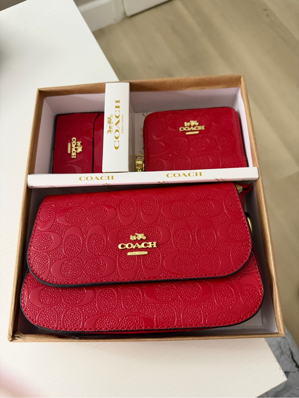 Coach Red Signature Embossed Leather Crossbody Set